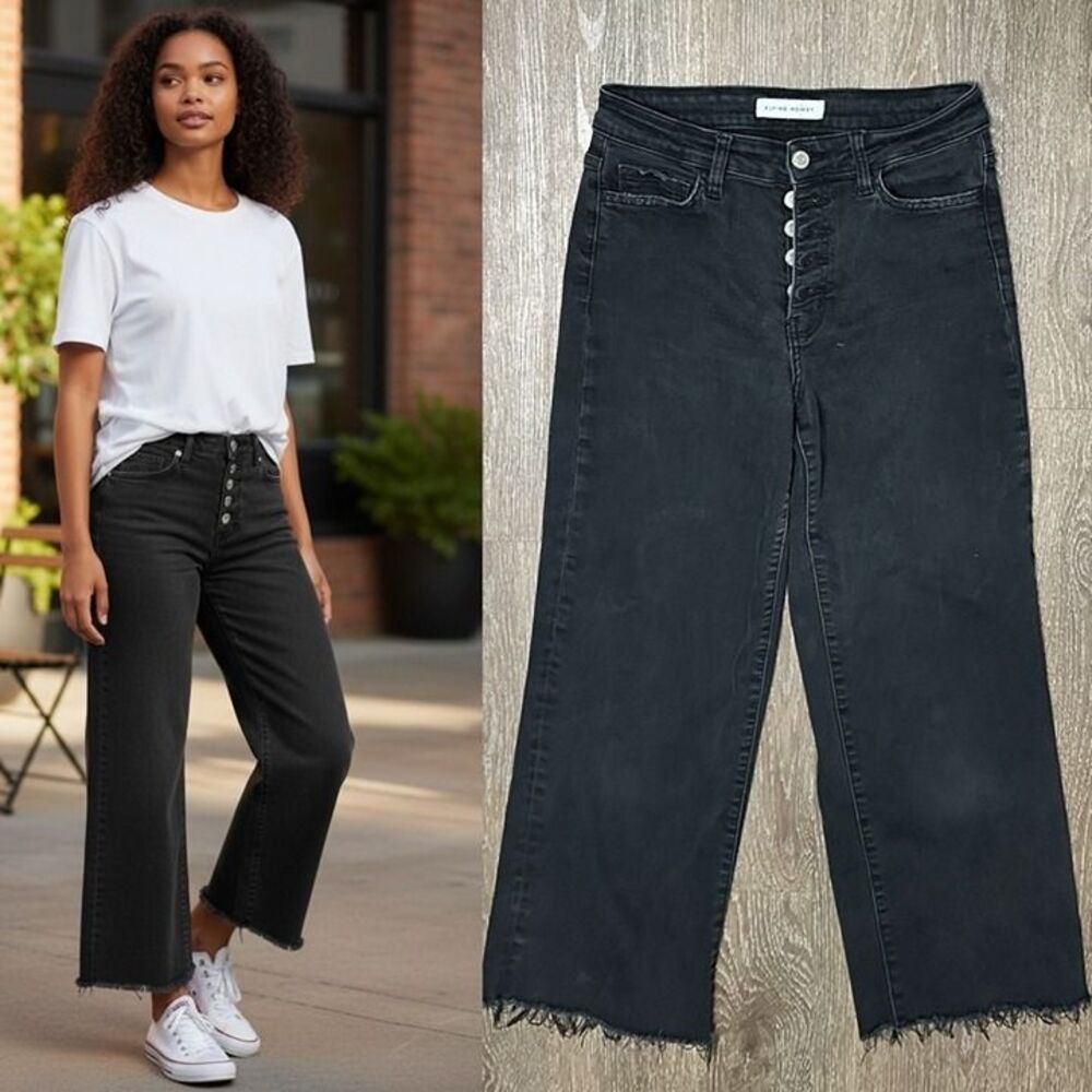Flying Monkey Midrise Crop Wide Leg Raw Hem Exposed Button Fly Washed Black 27